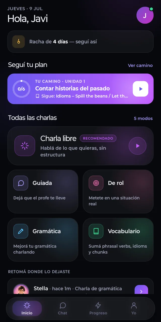 Dashboard de la app CharlAI